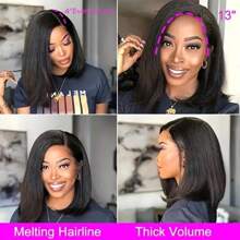 Uveous 42inch 250% Density Short Bob Kinky Straight Wig With Baby Hair - 13x4 HD Lace Front Human Hair Wig For Yaki Straight, Pre-Plucked, Elegant & Natural Look, Suitable For All Ethnicities, Short Hair Wig - 黑色 - 查看 5