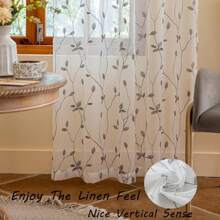 1 件透明叶子刺绣窗帘，带杆袋，花卉图案，适用于卧室和客厅