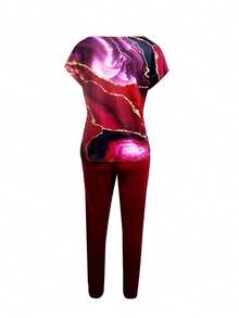 2pcs Set: Casual Printed Short Sleeve T-Shirt & Long Pants - Burgundy - View 2