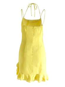 Womens Sling Dress Spaghetti Straps Halter Neck Backless Solid Color Ruffle Trim Summer Mini Cami Dresses - Yellow - View 9