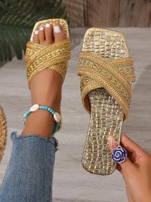 Women's Minimalist Boho Style Woven Gold Flat Sandals, Shiny Crocodile Pattern Fashion Cross Strap Comfortable Open Toe Sandals, New Summer Slip-On Sequin Decor Plus Size Flat Sandals Suitable For Vacation And Party, Elegant Breathable Cool Gold Slipper, Slim Casual Campus Shining Sandals Suitable For Outdoor, Beach, Entertainment And Office, Sexy Women Shoes