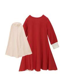 2pcs/Set Girls Spring/Autumn Long Sleeve Bowknot Dress + Headscarf, Cute Elegant Dress For Little Girls, Red And Green, Fashionable Outfit For Photos, Stretchy And Beautiful, Suitable For Middle East