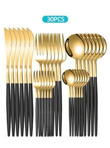 Elegant Stainless Steel Tableware Set, 5/20/30pcs - Western Cutlery Set Includes Dining Knives, Table Forks, Dining Spoons, Teaspoons, Dessert Forks, Forks For Salad/Appetizers/Dessert, And Mini Spoons For Coffee/Tea/Dessert/Cake/Stirring/Fruit/Ice Cream, Perfect For Restaurant, Hotel, Wedding, Festival Gifts, Kitchen, Christmas Gift - Dishwasher Friendly, Kitchen Supplies,School Supplies