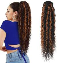 女士抽绳马尾接发 长款深波浪马尾接发 24英寸卷曲波浪马尾接发 合成纤维 可直接扎马尾假发 - 彩色 - 查看 17