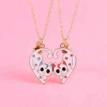 2Pcs/Set Cute Heart-Shaped Stitching Cartoon Cat Best Friend Necklace BFF Friendship Jewelry Gifts For Girls - Blue and Red Cat Necklace - View 5