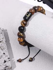 1pc First Letter Bracelet For Men, Letter Link Handmade Tiger Eye Black Agate Stone Bead Woven Rope, Meaningful Bracelet, Birthday Father's Day Gift For Men, Husband, Father