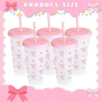 1pc/4pcs/6pcs/8pcs/12pcs/24pcs Reusable Plastic Cups With Pink Ribbons, 24oz Capacity, Includes Straws And Lids, Great For Parties, Drinking, Coffee, Gifts For Mother's Day, Valentine's Day, Birthdays, Wife, Girlfriend, Family, Ideal For Party Decor And Sports Events