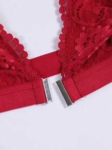 Women's Lace Trim Wireless Front Closure Bra, Floral Pattern Comfortable Lingerie - Red - View 7