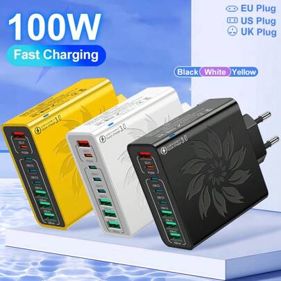 XJDR 100W 1pc 4USB-A+4USB-C QC Charger Compatible With IPhone 15 14 13 12 Charger Super Fast Charging Charger Eight Port USB Wall Charger Suitable For Travel, Office, Dorm, And Home Multi-Port, Adapter