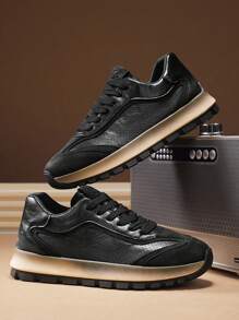 Zapatillas deportivas cómodas y transpirables de piel perforada de corte bajo para hombres, con suela gruesa antideslizante y casual tipo chunky, para uso atlético
