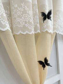 1pc Khaki Sheer Lace Curtain With Black Butterfly And Floral Pattern - Classic Princess Style, Suitable For Kitchen, Small Windows, Cafes And Door Decoration, Sheer And Washable With Rod Pocket