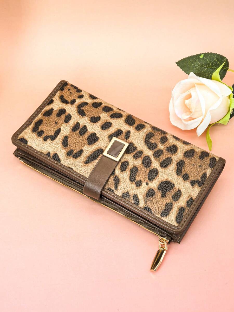 Women's Long Contrast Color Patchwork Wallet, Fashion Leopard & Tree Grain Multi-Function Card Holder Pouch, Elegant Stylish Snap Closure Young Student Large Capacity Zipper Coin Purse, Lightweight & Convenient Carry, Suitable For Holiday Gifts - Brown - View 1