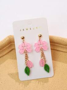 1 Pair Acrylic Bling Bling Flower Design Earrings, Pink Sequins Cherry Blossom Chain Floral Leaves, Cute & Sweet For Girls, Suitable As Gift, Spring/Summer