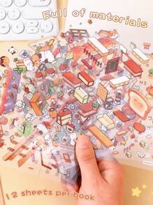 18/34 pièces Mini autocollants décoratifs pour maison, autocollants de scène (12/24 pièces de motifs + 6/12 pièces de carton de montage), autocollants de paysage de maison miniature 3D pour enfants, DIY, scrapbooking, jouets, réutilisables, options de taille multiples