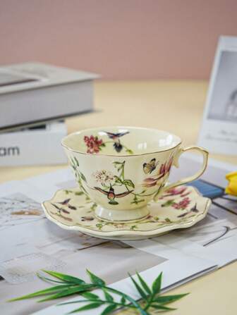 1 件极具吸引力的 Ditsy 花卉和鸟类图案咖啡杯带碟，复古风格金边陶瓷杯，家用下午茶瓷杯，镀金花茶杯，理想的礼物和纪念品，适合下午茶、甜点和礼物