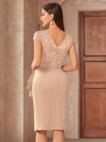 MIUSOL Elegant Contrast Lace Sequin Insert Ruffle Trim Ruched Wrap Hem Bodycon Dress,Semi Formal Women Dress,For Cocktail Party,Vacation, Graduation, Dinner - Champagne - View 2