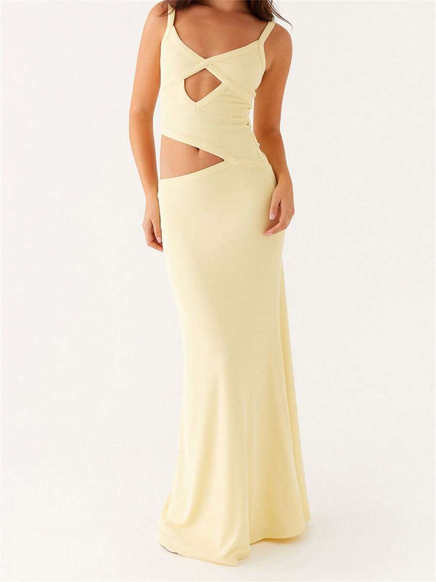 Women Y2k Maxi Dresses Hollow Asymmetric Spaghtti Strap Dress Beach Vacation Dress Spring Summer Elegant Dresses Sleeveless V-Neck Backless Hollow Swing Dress Summer Cocktail Long Dresses Dating Party Shopping Street Photography Club Wear - Màu vàng - Xem 1