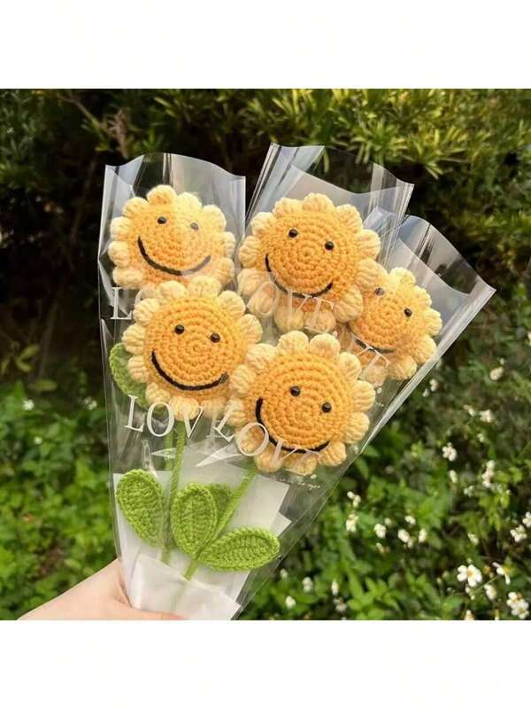 5PCS Handmade Crochet Sunflower, Eternal Artificial Woven Sunflower Flowers, Knitted Simutation SunFlowers, Preserved Flower, Best Gift For Birthdays, Weddings, Graduations, Father's Day & ,Teacher's Day. Suitable For Home Decor In Restaurant, Living Room, Bedroom,Holiday Gift & Party Decoration.