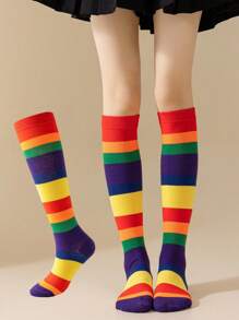 1/3 Pairs Rainbow Socks For Women, Korean Style JK Dance Cosplay Sweat-Absorbent Breathable Knee-High Socks, Y2k