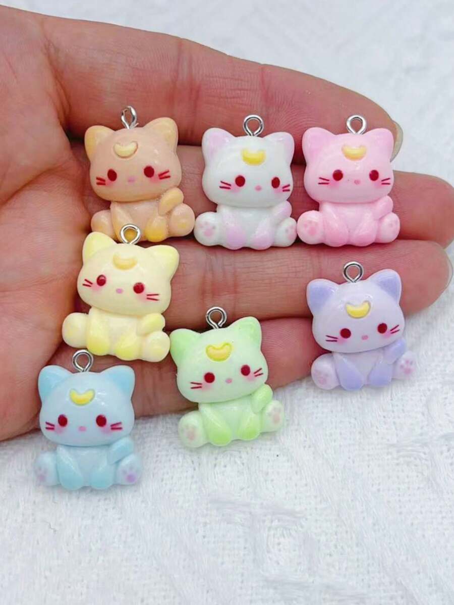 7PCS Cartoon Cute Animal Cat Pendant Resin Jewelry Making DIY Earrings Keychain Phone Necklace Discovered - A - View 1