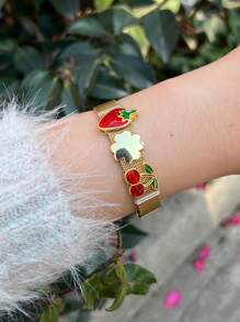 1pc Fashion Elegant Stainless Steel Watch Strap With Cherry, Strawberry, Heart Accessories String Bracelet, Suitable For Women's Daily And Party Wear