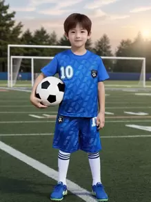 Young Boy No.10 Football Jersey Outfit - Short Sleeve Top And Shorts Set, Fashionable Print Design, Comfortable Outfit For Boys In Spring And Summer, Casual & Outdoor Wear