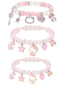 Sanrio 1 Pc Hello Kitty Cute Kitty Bracelet Stuff Kawaii Set Crystal Bead Elastic Friendship Bracelets Birthday Christmas Jewelry Gifts For Girl Girlfriend Best Friend Sister ﻿