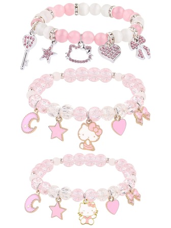 Sanrio 1 pièce Bracelet mignon de Hello Kitty, Accessoire Kawaii, Set de perles de cristal, Bracelets d'amitié élastiques. Cadeau d'anniversaire, de Noël, pour fille, petite amie, meilleure amie, sœur
