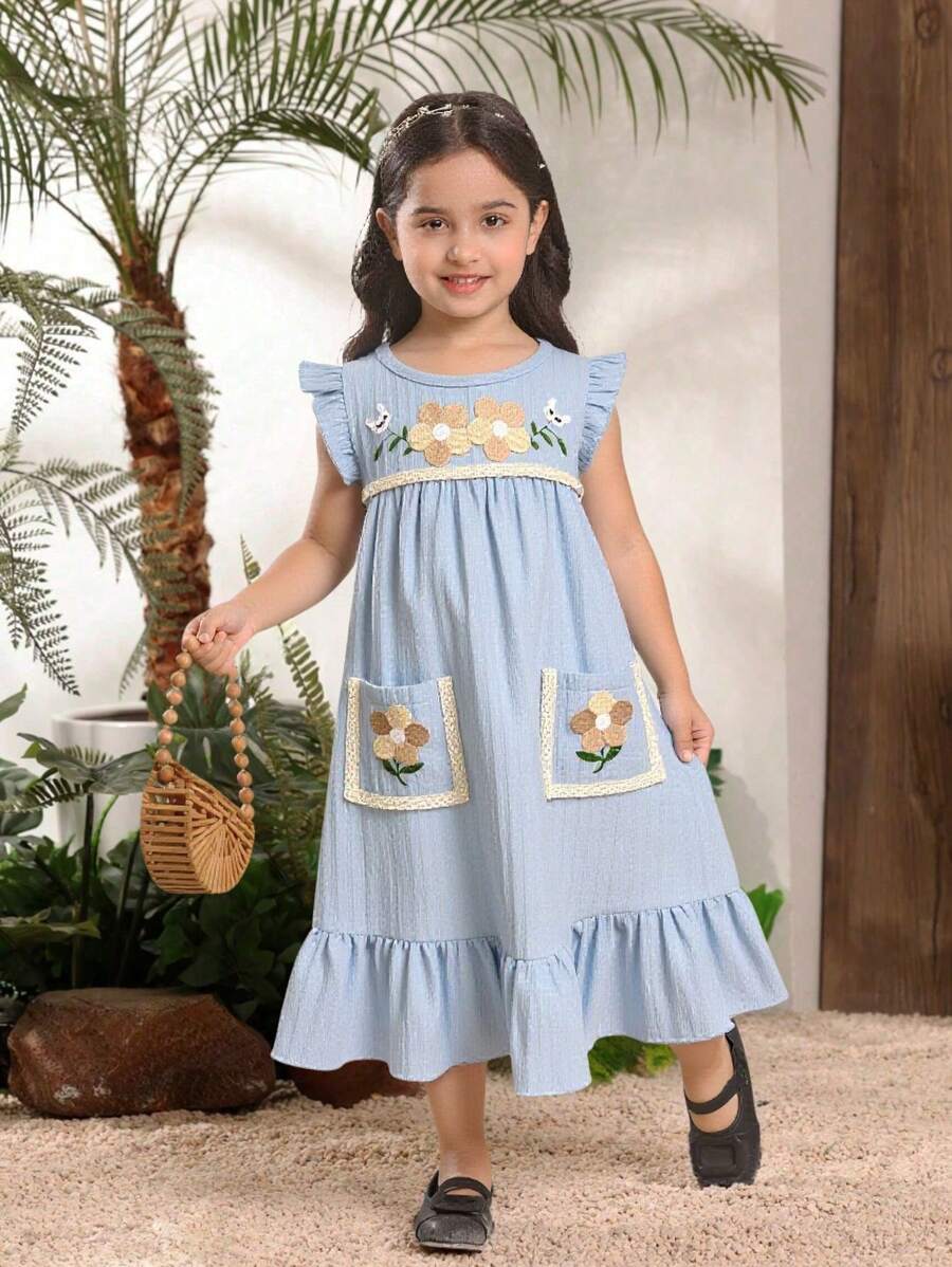Young Girl Casual Fashion Floral Embroidery Ruffle Trim Dress