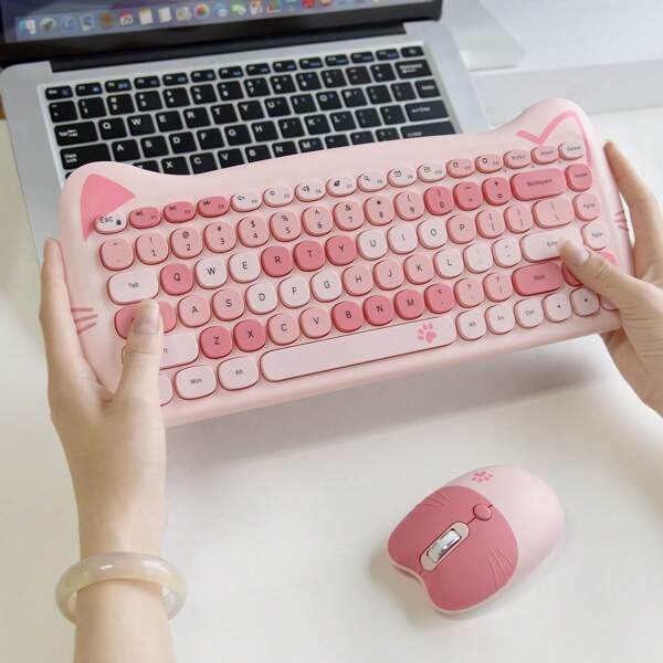 MOFII Set de teclado y ratón inalámbrico para PC y portátil Mofii Skyscraper Cat, diseño lindo y colorido para chicas