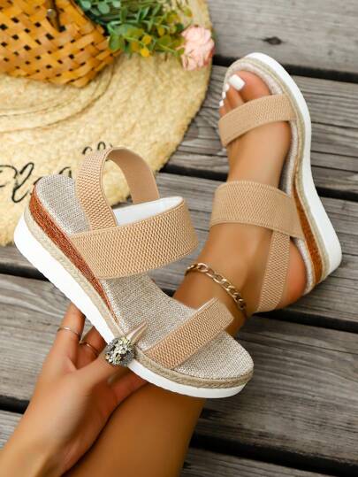 New Summer High Heel Women Shoes Waterproof Platform Thick Bottom Elastic Band Open Toe Wedge Sandals