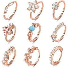IRONBOX 9Pcs Stainless Steel Nose Ring Hoop Stud Paved CZ Leaf Flower Crawler Nose Ear Cartilage For Women Nose Ear Piercing Hoop