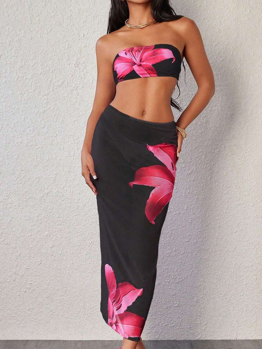 Women Summer 3pcs Swimsuit Bikini Set/ Floral Printed Tube Tops + Briefs  + Sheer Skirt - 黑色 - 查看 1