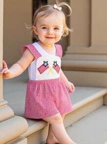 Toddler Baby 4th Of July Overalls Shorts American Flag Embroidery Plaid Print Sleeveless Romper For Boys And Girls - Red - View 3