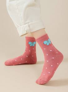 5 Pairs Girls' Cute Bow Polka Dot Mid-Calf Socks, Suitable For School Outfits