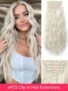 6pcs/Set Synthetic Long Wavy Clip In Hair Extensions 20 Inch Thick Hairpiece For Women White Platinum Blonde Natural Wig Curly Hair Extension Soft And Natural Hair Extensions Synthetic Hairpiece - White - View 2
