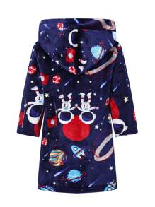 Boy's Flannel Thick Bathrobe, Long Sleeve Hooded Astronaut Printed Soft & Comfortable Sleepwear, Suitable For After Bath, Autumn/Winter