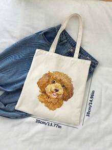 Chic Poodle Print Linen Tote Bag, Reusable Printed Women'S Tote Bag, Double Handle Shopping School Bag, Large Capacity Shoulder Bag, Casual Tote Bag, Christmas Storage Bag, Suitable For Commuting, School And Shopping, Convenient For Outdoor Use, Gift For Friends And Besties, Teacher Gift, Perfect Choice For Vacation And Festival, Best Teacher Christmas, Thanksgiving Gifts
