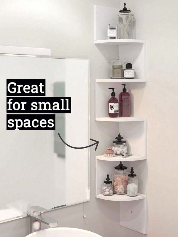 1pc Triangle Bathroom Shelf, Hanging Bathroom Wall Mounted Storage Rack No-Drill, Creative Home Corner Rack Organizer Triangular Shelves, 5 Tiers Half Round Partition Wall Corner Bookshelf Makeup Organizer Back To School