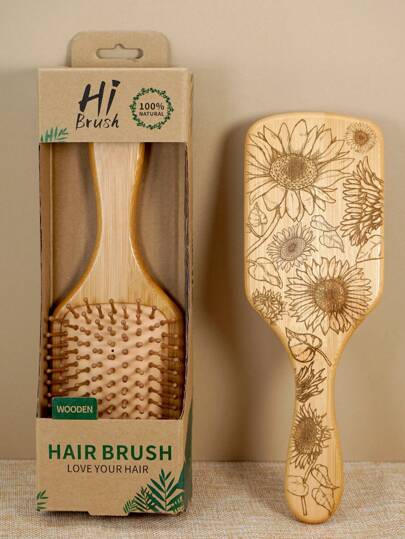 1个个性化向日葵大号方形气垫梳（带盒），竹制桨式梳（带手柄），天然竹制桨式顺发梳（男女通用），便携式顺发梳（用于头皮按摩），适用于细软/卷曲/干性发质。