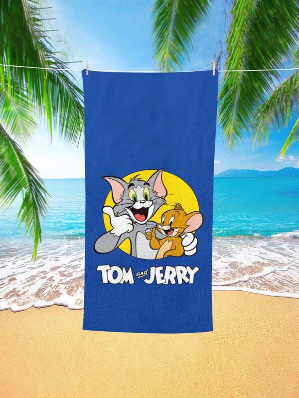 TOM AND JERRY. 1 stuk Cartoon Tom & Jerry strand thema print strandlaken, zacht en comfortabel voor thuis, badkamer, zwemmen, kinderen en volwassenen