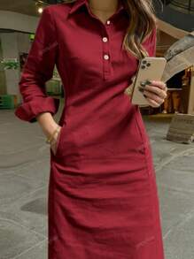 Spring And Autumn New Fashion Elegant Lapel Button Long Sleeve Women's Arabic Dress