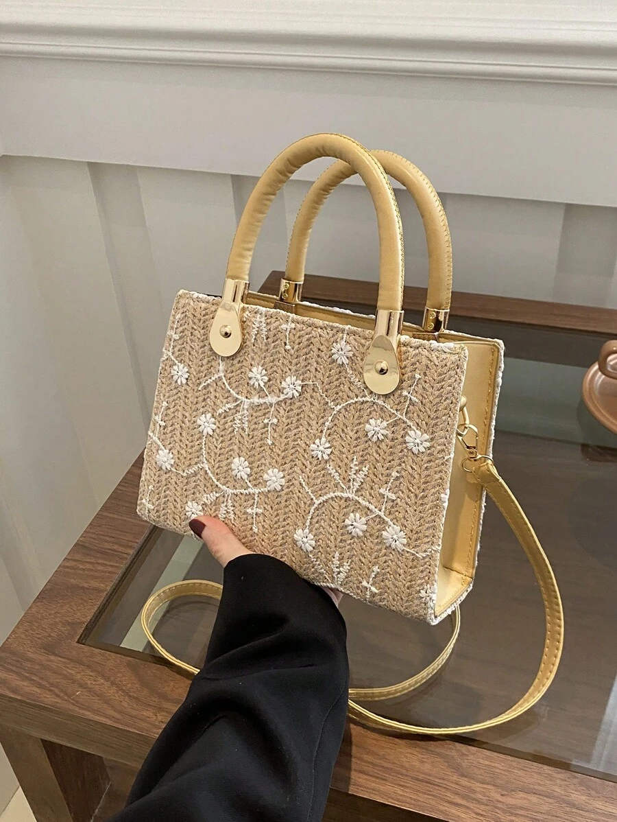 1pc Women's Solid Color Embossed Stitching Fashion Stone Texture Handbag, Shoulder & Crossbody Bag With Zipper Closure - Khaki - View 1