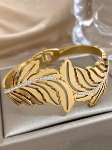 1 pièce Bracelet épais ajouré en forme de feuille pour femmes, bracelet jonc doré en acier inoxydable. Bracelets pour usage quotidien, fête, anniversaire, Noël, cadeaux de bijoux - Multicolore - Voir 6