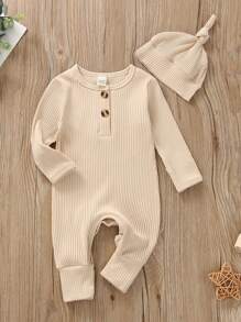Newborn Baby Boy Knit Jumpsuit Ribbed Romper Newborn Coming Home Outfit Infant Fall Winter Clothes With Hat - 米色 - 查看 3