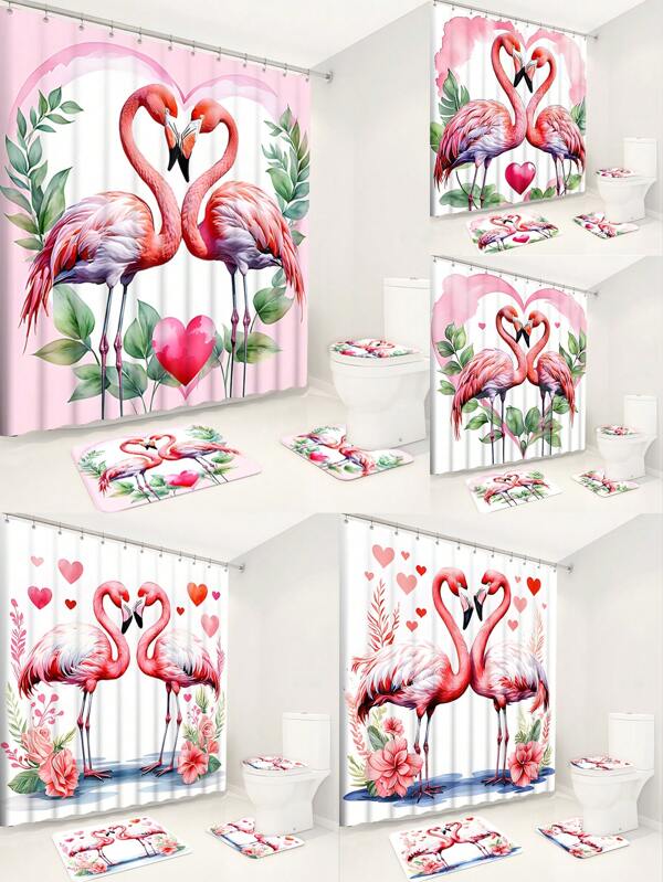 Luxury Flamingo Bathroom Set Polyester Fiber Shower Curtain With Hooks Waterproof Non-Slip Rugs Toilet Lid Cover And Contour Mat Romantic Pink Tropical Birds Heart Floral Design Bath Decor For Home Hotel Dorm Valentines Gift