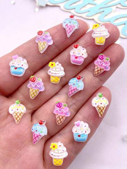 20颗混合树脂可爱迷你彩色草莓甜心冰淇淋平底水钻DIY艺术剪贴簿珠宝工艺配件夏季，学校