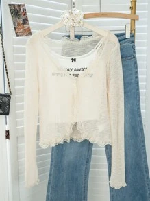 Apricot Lace Trim V-Neck Ruffle Edge Sheer Knit Thin Cover Up Sweater, Lightweight Outerwear Suitable For Home, Commute, Outdoor Wear, Autumn/Winter