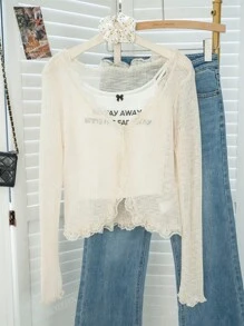 Women's Blue Lace Trim V-Neck Cover Up, Cute Back To School Summer Shawl Lightweight Outerwear