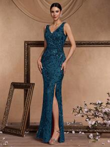 Elisanya 优雅高品质弹力亮片修身长裙，V 领，性感侧开衩，美人鱼尾，适合正式派对、宴会、婚礼、伴娘派对、新娘母亲、春夏季礼服、晚礼服、婚礼宾客 - 水鴨藍 - 查看 5